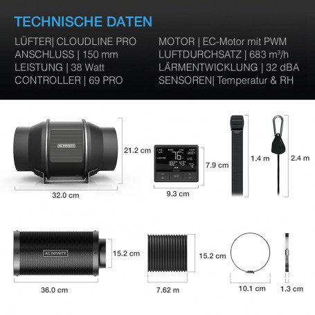 AC Infinity Luftfilter-Set PRO 150 mm, Inline-Ventilator mit Smart Controller und Aktivkohlefilter bei ULLA Köln